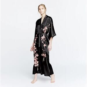 New KIM + ONO Silk Handpainted Cherry Blossom Long Kimono Long Robe Black Blush